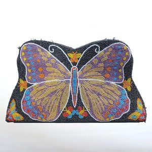 Vintage Mary Frances Beaded Butterfly Clutch Bag Black Multicolor